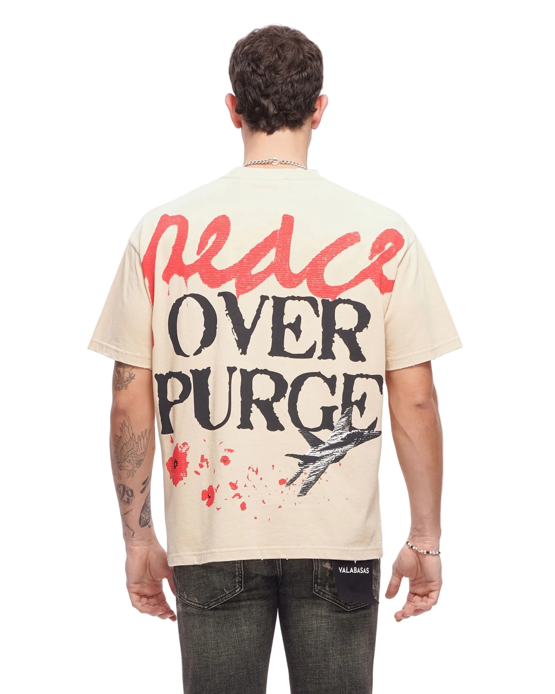 Back View of the Valabasas "PEACE/PURGE" Graphic Tee