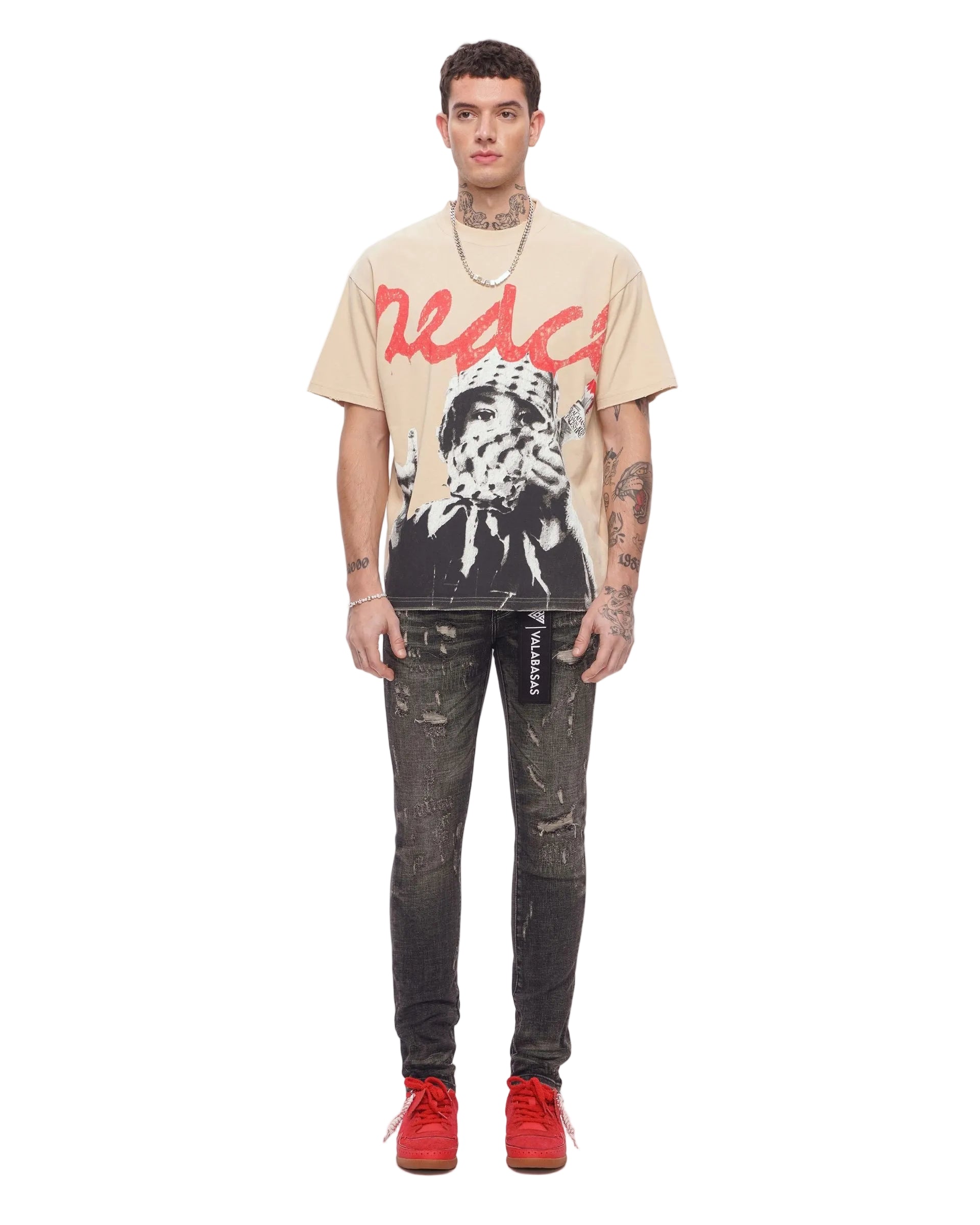 Front Model View of the Valabasas "PEACE/PURGE" Graphic Tee