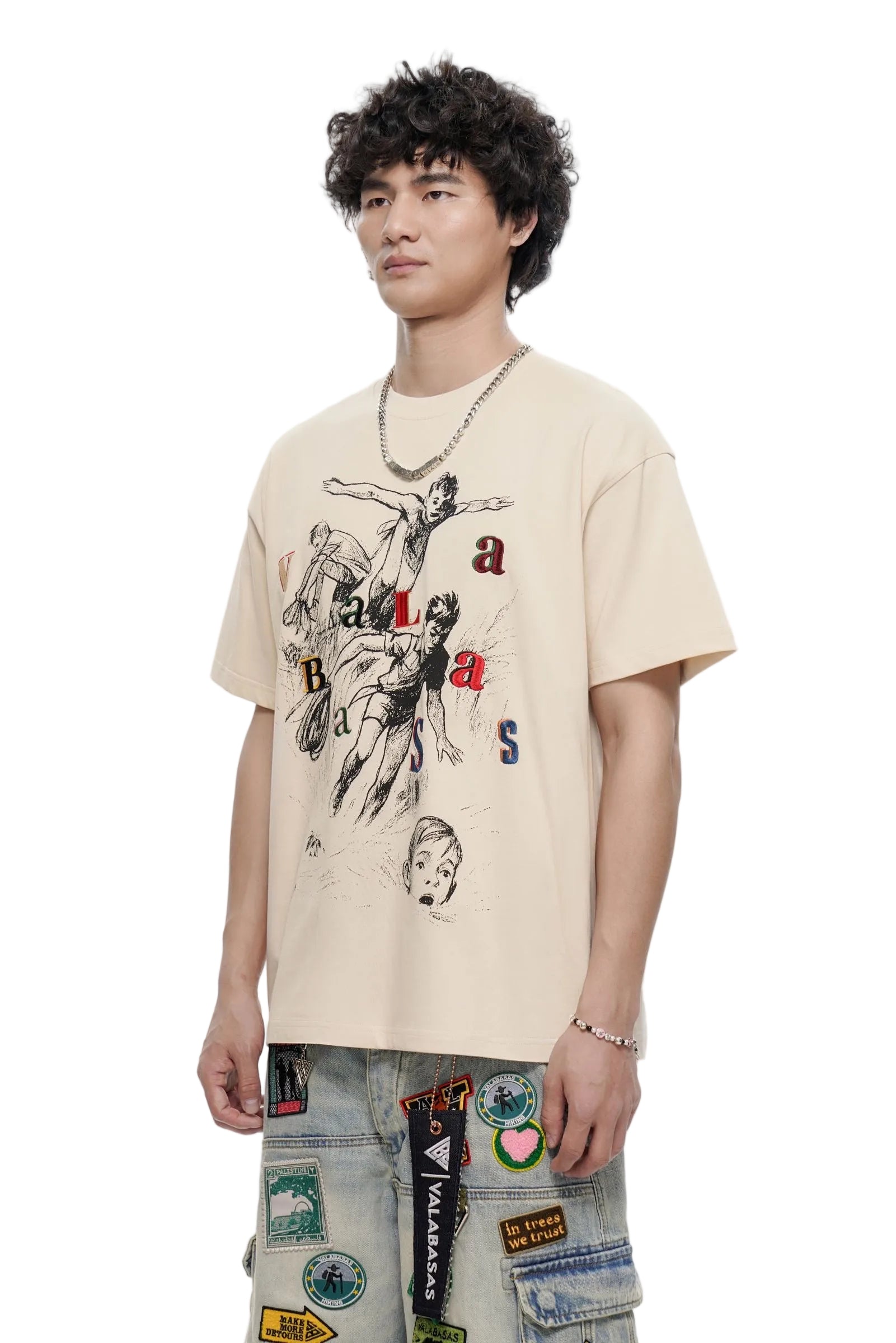 Front Right View of the "PURSUIT" BEIGE T-Shirt by Valabasas