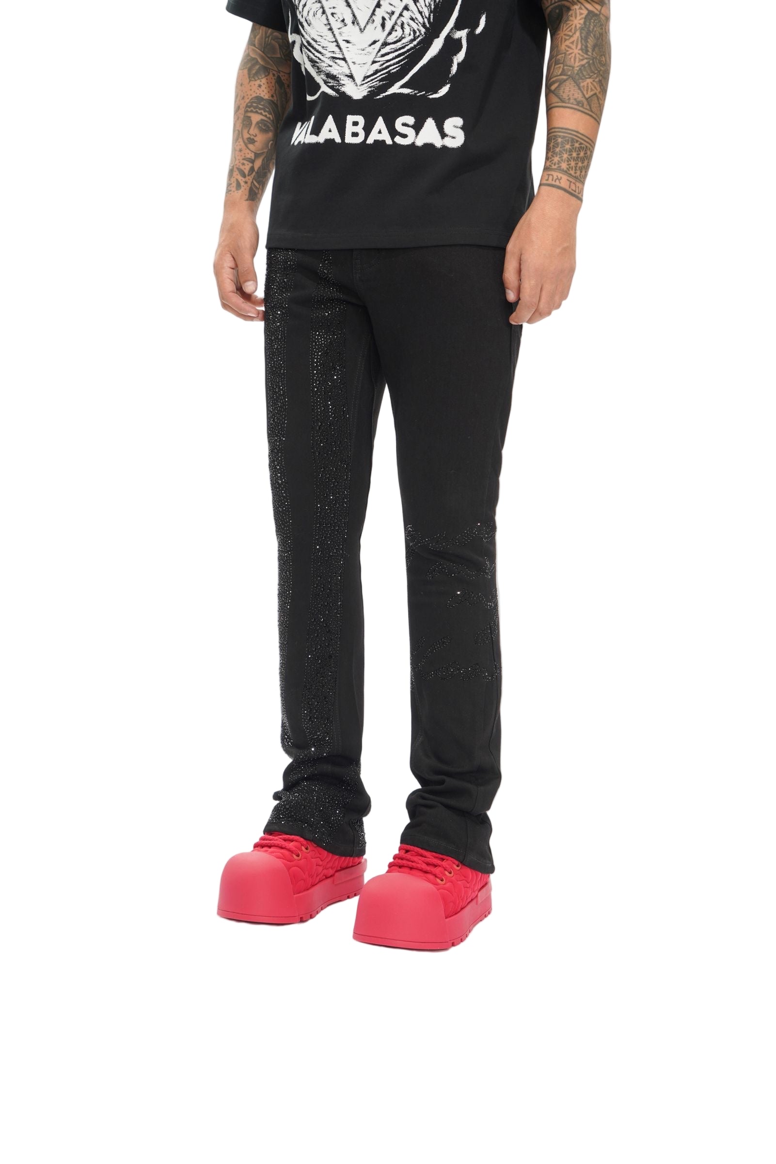 Front Right View of the SCRIPTED STACKED Jeans by Valabasas