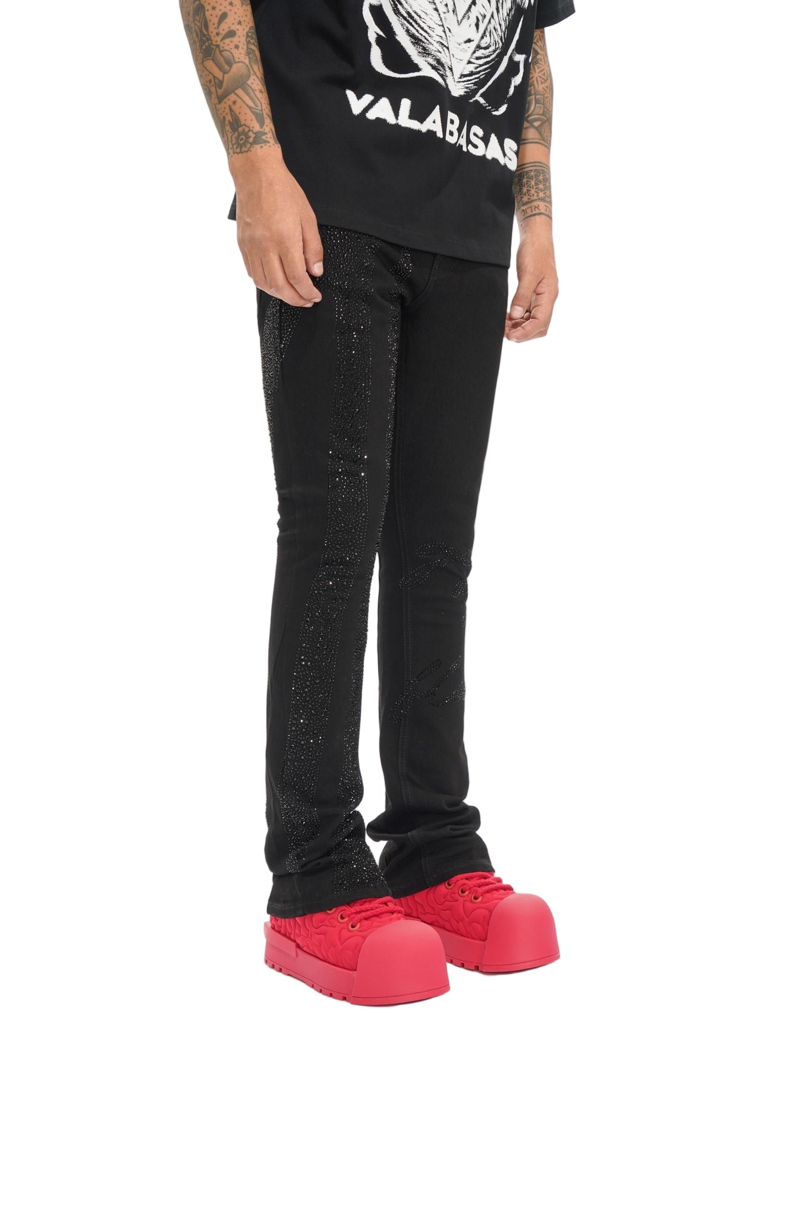 Front Left View of the SCRIPTED STACKED Jeans by Valabasas