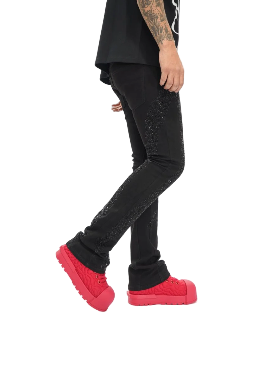 Right Side View of the SCRIPTED STACKED Jeans by Valabasas