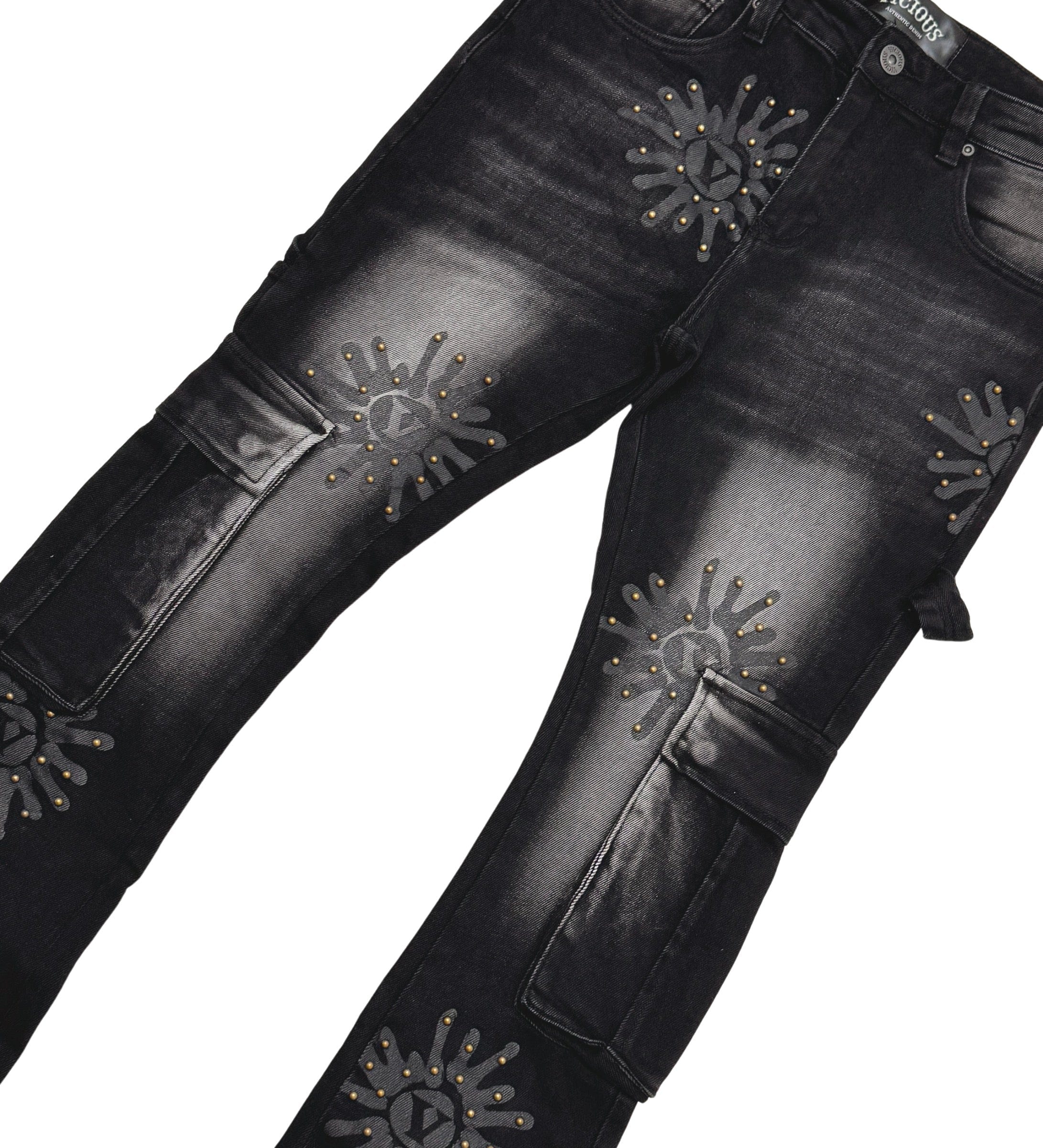 Vicious BLACK WASH CARGO FLARE DENIM W/ STONE DETAILS
