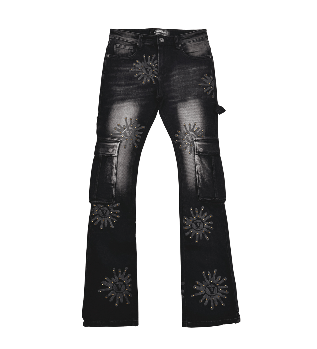 Vicious BLACK WASH CARGO FLARE DENIM W/ STONE DETAILS