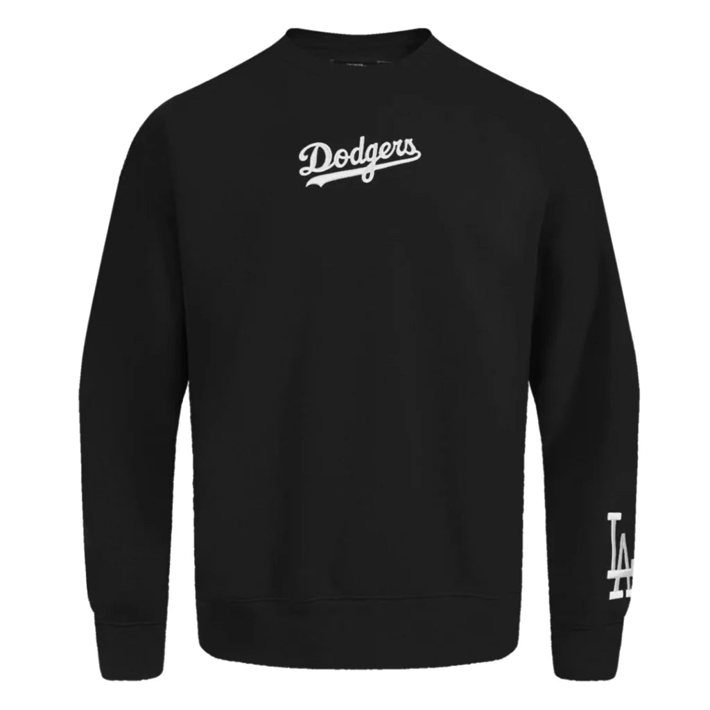 Front View of the PRO STANDARD MLB LOS ANGELES DODGERS WINGSPAN MEN'S DROP SHOULDER FLEECE CREWNECK in Black